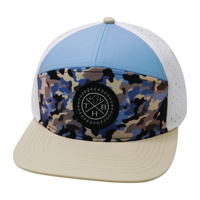 Youth Color Vibes Hat, Flat Bill, Snapback Hat, Sky Camo, Cream, Baby Blue, White, Mens Hat, Womens Hat, Front Picture