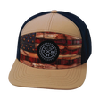 Youth Color Vibes Hat, Flat Bill, Snapback Hat, Stained Flag, Light Tan, Navy, Mens Hat, Womens Hat, Front Picture   
