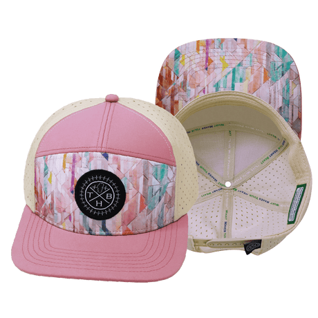 Youth Color Vibes Hat, Flat Bill, Snapback Hat, Geo Mosaic, Pink Peach, Cream, Mens Hat, Womens Hat, Main Picture   