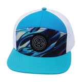 Youth Color Vibes Hat, Flat Bill, Snapback Hat, Molten Dream, Neon Green Blue, Neon Blue, White, Mens Hat, Womens Hat, Front Picture