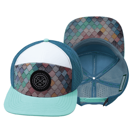 Youth Color Vibes Hat, Flat Bill, Snapback Hat, Mosaic Scales, Mint, White, Slate Blue, Mens Hat, Womens Hat, Main Picture 
