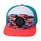 Youth Color Vibes Hat, Flat Bill, Snapback Hat, Party Blocks, Neon Peach, White, Neon Blue, Mens Hat, Womens Hat, Front Picture 