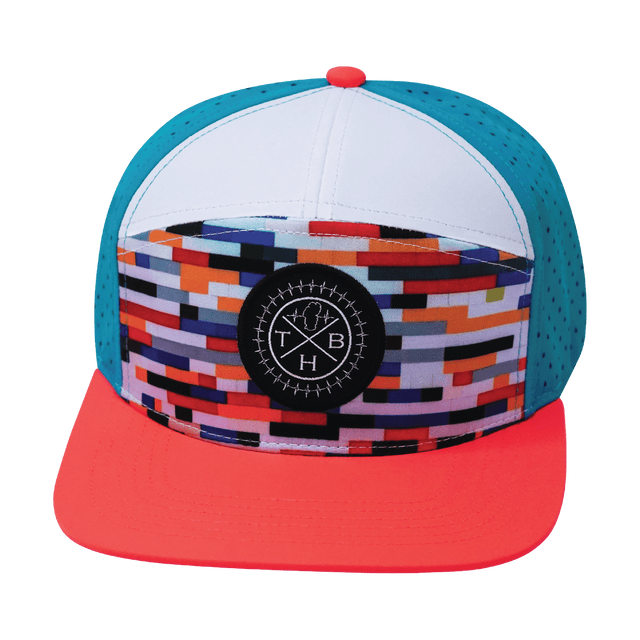 Youth Color Vibes Hat, Flat Bill, Snapback Hat, Party Blocks, Neon Peach, White, Neon Blue, Mens Hat, Womens Hat, Front Picture 