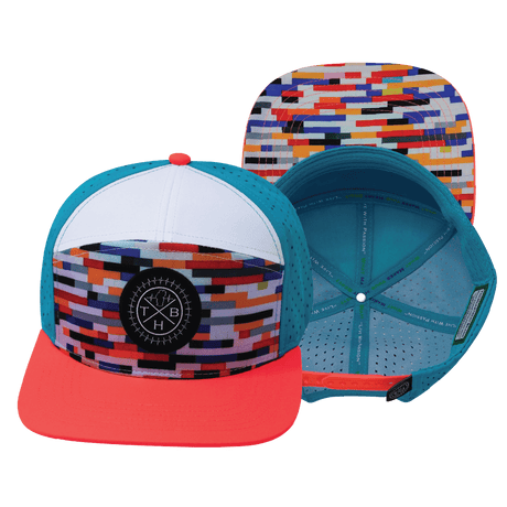 Youth Color Vibes Hat, Flat Bill, Snapback Hat, Party Blocks, Neon Peach, White, Neon Blue, Mens Hat, Womens Hat, Main Picture 