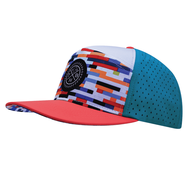 Youth Color Vibes Hat, Flat Bill, Snapback Hat, Party Blocks, Neon Peach, White, Neon Blue, Mens Hat, Womens Hat, Side Picture 