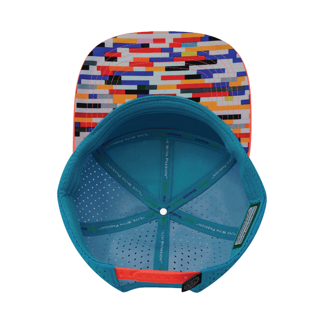 Youth Color Vibes Hat, Flat Bill, Snapback Hat, Party Blocks, Neon Peach, White, Neon Blue, Mens Hat, Womens Hat, Underbill Picture 