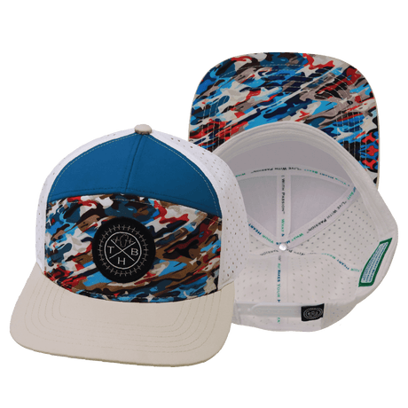 Youth Color Vibes Hat, Flat Bill, Snapback Hat, Party Camo, Cream, Blue, White, Mens Hat, Womens Hat, Main Picture 