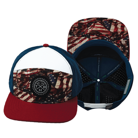 Youth Color Vibes Hat, Flat Bill, Snapback Hat, Silk Flag, Dark Red, White, Navy, Mens Hat, Womens Hat, Main Picture   