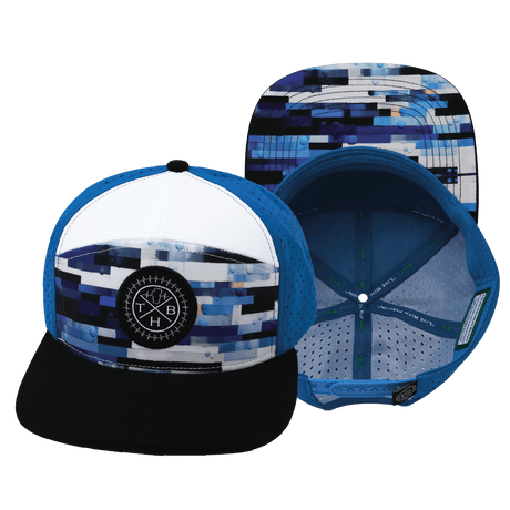 Youth Color Vibes Hat, Flat Bill, Snapback Hat, Sky Blocks, Black, White, Blue, Mens Hat, Womens Hat, Main Picture   