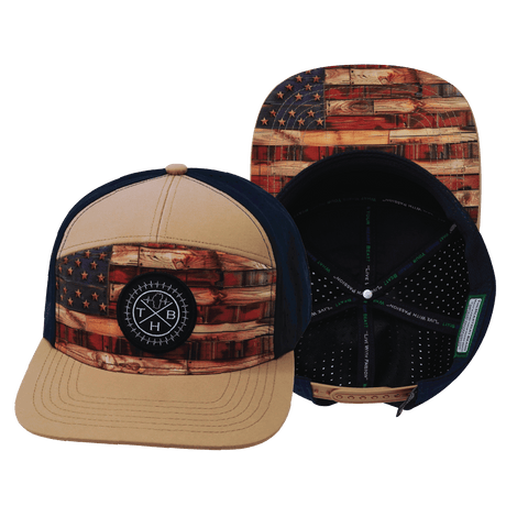 Youth Color Vibes Hat, Flat Bill, Snapback Hat, Stained Flag, Light Tan, Navy, Mens Hat, Womens Hat, Main Picture 