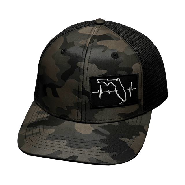Youth Florida Hat, Baseball Hat, Snapback Hat, Tan Camo, Black, Mens Hat, Womens Hat, Front Picture