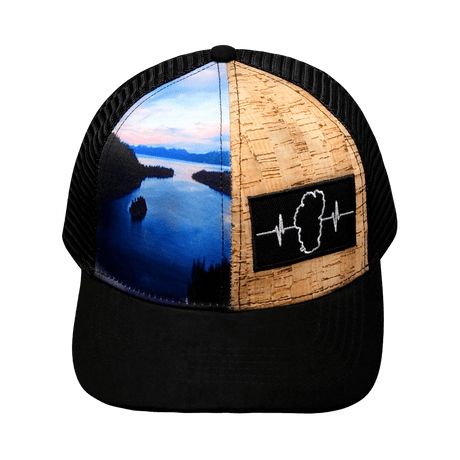 Tahoe Hat, Baseball Hat, Snapback Hat, Cork Hybrid, Black, Emerald Bay Day Sunrise, Mens Hat, Womens Hat, Front Picture 