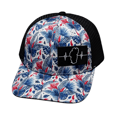 Tahoe Hat — Baseball Hat Fit, White Floral, Black, Trucker Mesh