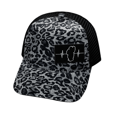 Hat, Trucker Hat, Snapback Hat, Velvet, Silver Leopard Print, Mens Hat, Womens Hat, Front Picture   
