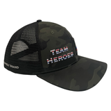 Team Heroes Hat, Baseball Hat, Snapback Hat, Green Camo, Black, Mens Hat, Womens Hat, Right Side Picture